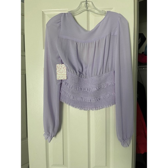 Free People Sm Purple Lolita Smocked Square Neck‎ Puff Sleeve Peasant Blouse Top - Picture 7 of 9